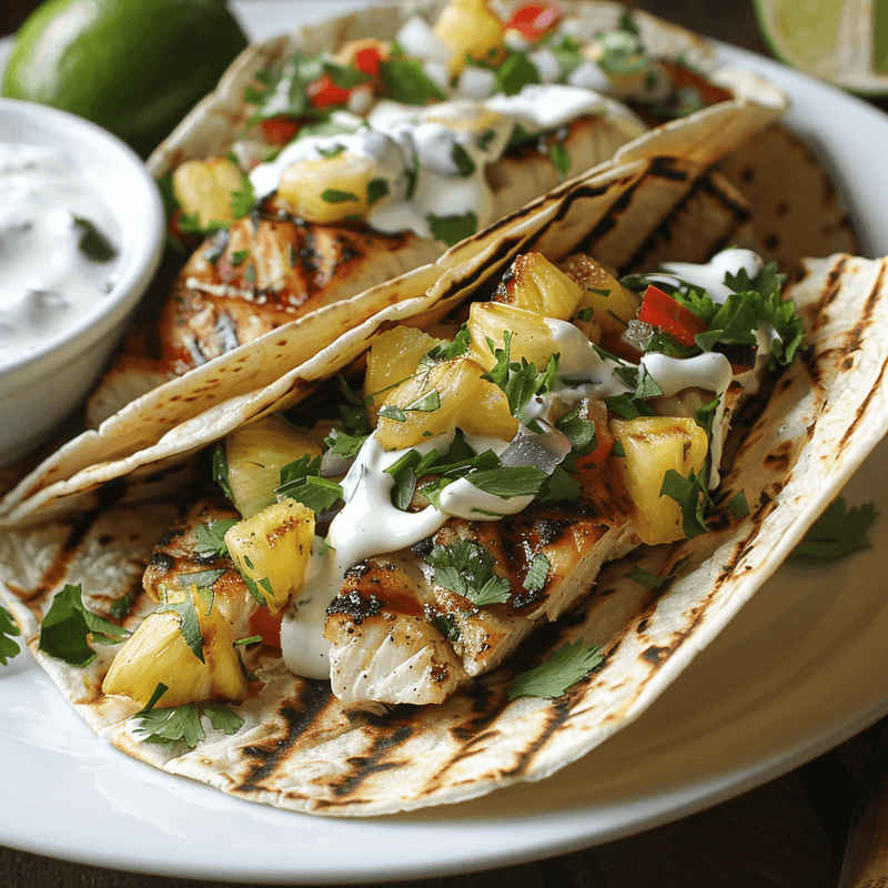 Grilled Swordfish Tacos with Pineapple Salsa and Cilantro Cream Recipe